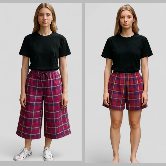 Vintage Tartan Wide Leg Pants and Shorts Set Purple Pink Gold M - Picture 1 of 3